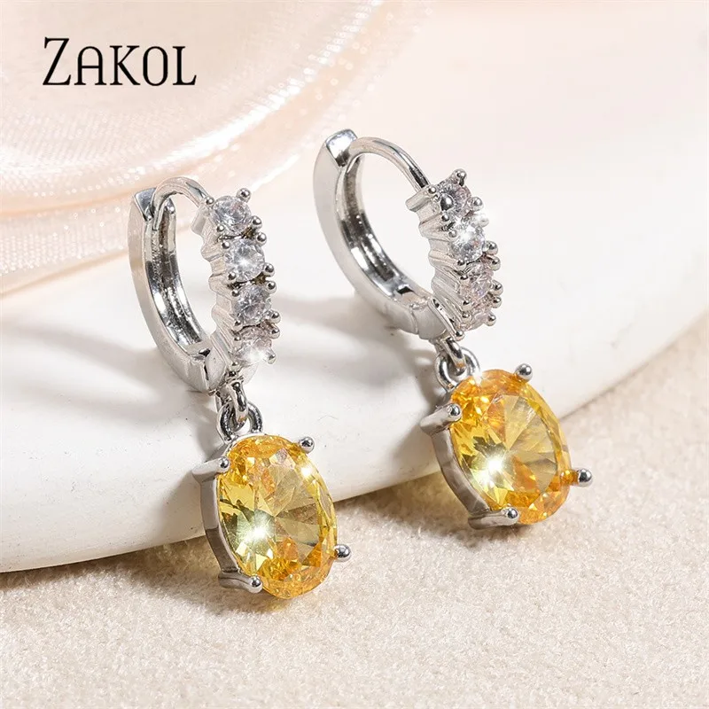 ZAKOL модные желтые овальные серьги-кольца с цирконом для женщин блестящие