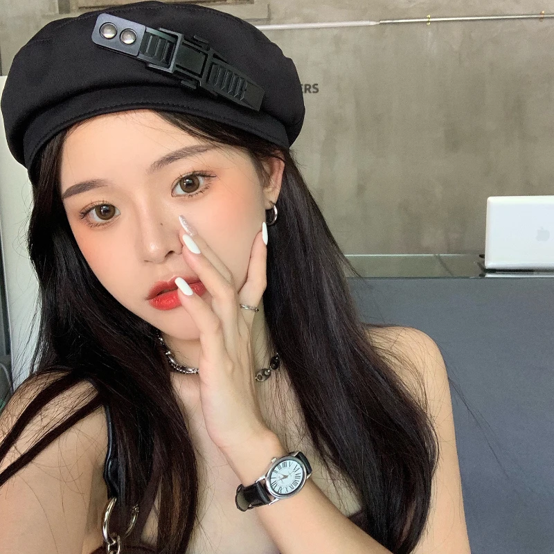 

Black Beret Caps For Women Leather Buckle Design Summer Thin Retro Painter Hat Sombreros De Mujer