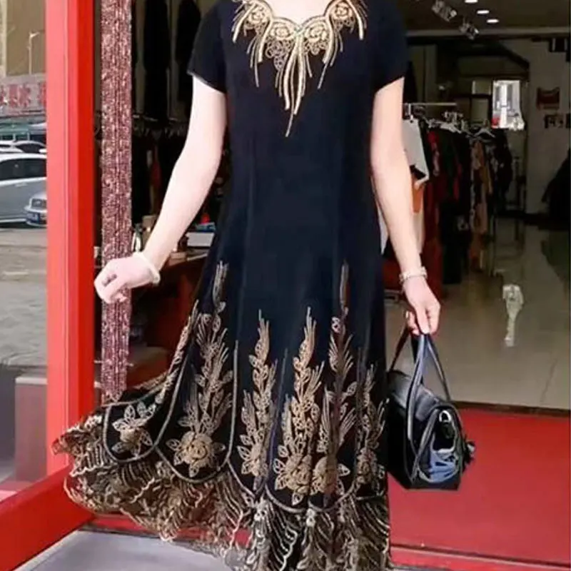 

Черное ТРАПЕЦИЕВИДНОЕ ПЛАТЬЕ с золотой вышивкой и принтом, элегантное платье с V-образным вырезом и длинным рукавом, офисное Повседневное платье в Корейском стиле для женщин, 2023