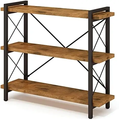 

Bookshelf, 3-Tier Industrial Bookcase,Rustic Open Book Shelf, Wood and Metal Horizontal Bookshelves