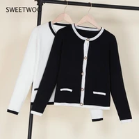 2021 korean style fashion round neck cropped long sleeve crochet ladies cardigans womens clothing knitted top sweaters woman