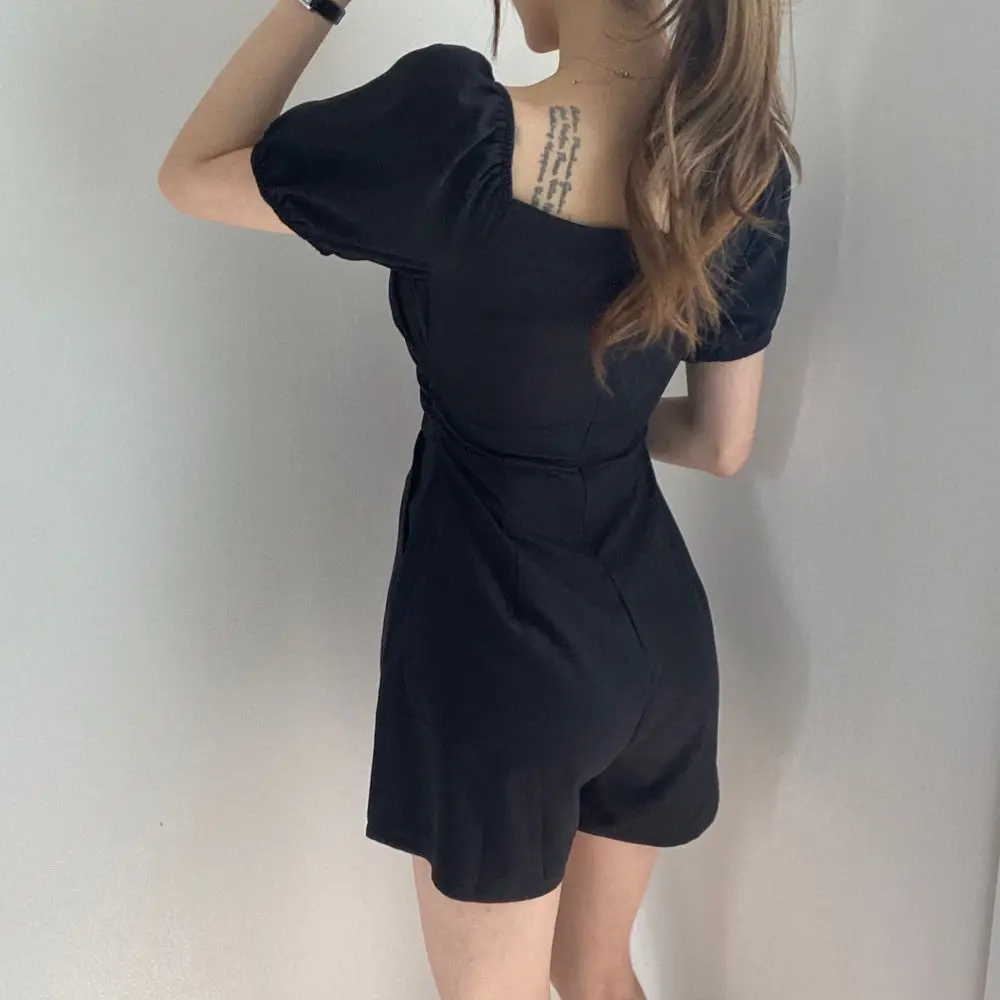 Korean Chic Vintage Zipper Summer Bodysuits Elegant Square Collar Women Playsuits High Waist Slim Puff Sleeve Pockets Jumpsuits