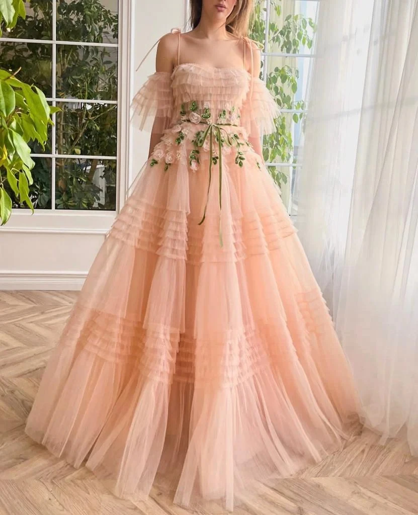 

Sexy Spaghetti Straps Blush Pink Tulle Lace Applique Party Gown Custom Made A Line Short Sleeves Prom Dresses