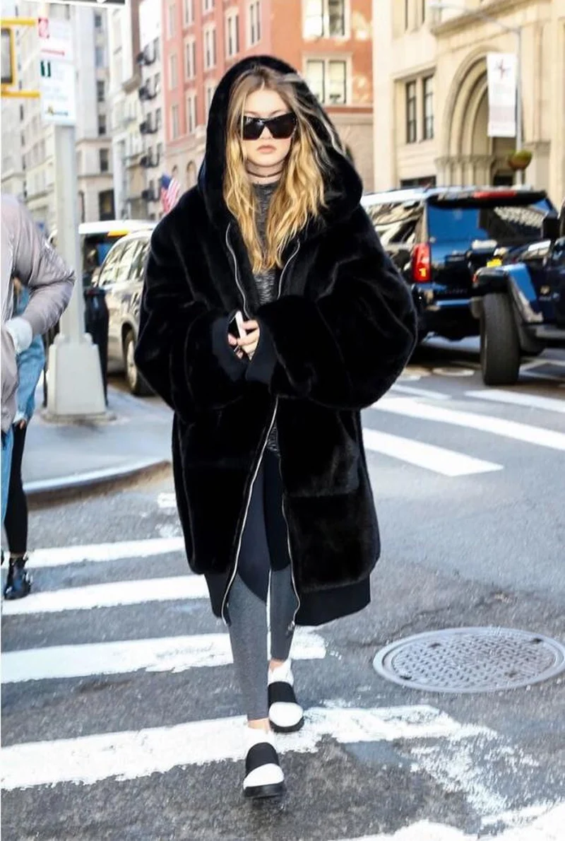 Imitation Rex Rabbit Hair Coats Winter Women Warm Thick Loose Hooded Faux Fur Parkas Solid Colors Big Pocket Leisure Outwears