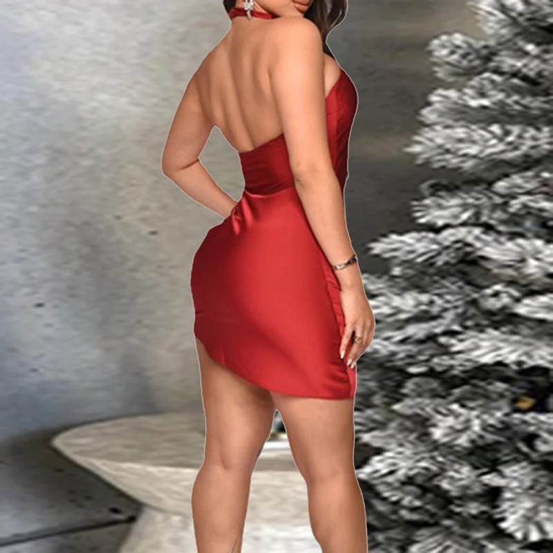 

Женское атласное мини-платье с открытой спиной, элегантное платье с лямкой на шее и открытыми плечами