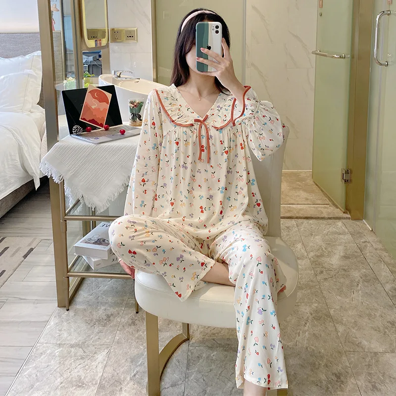 2023 Spring and Summer New Pajamas Women's Long-sleeved Trousers Cotton Silk Suit Petal V-neck Quality Home Service