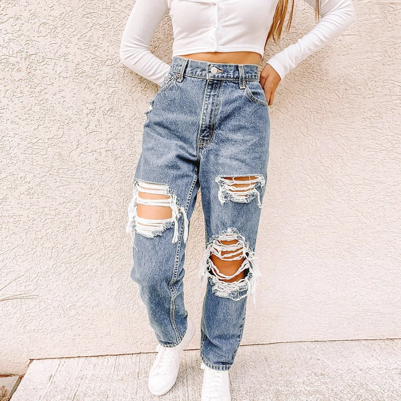 

Women's Jeans Pants Vintage High Waist Jeans Woman Boyfriends Full Length Baggy Ripped Jeans Cowboy Denim Vaqueros Mujer 4