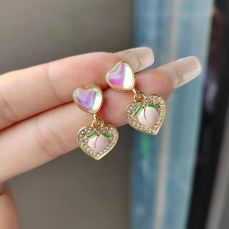 

Zircon Purple Pink Double Heart Love Pendant Drop Earring for Women Shiny Crystal Peach Wedding Statement Earrings Ear Jewelry