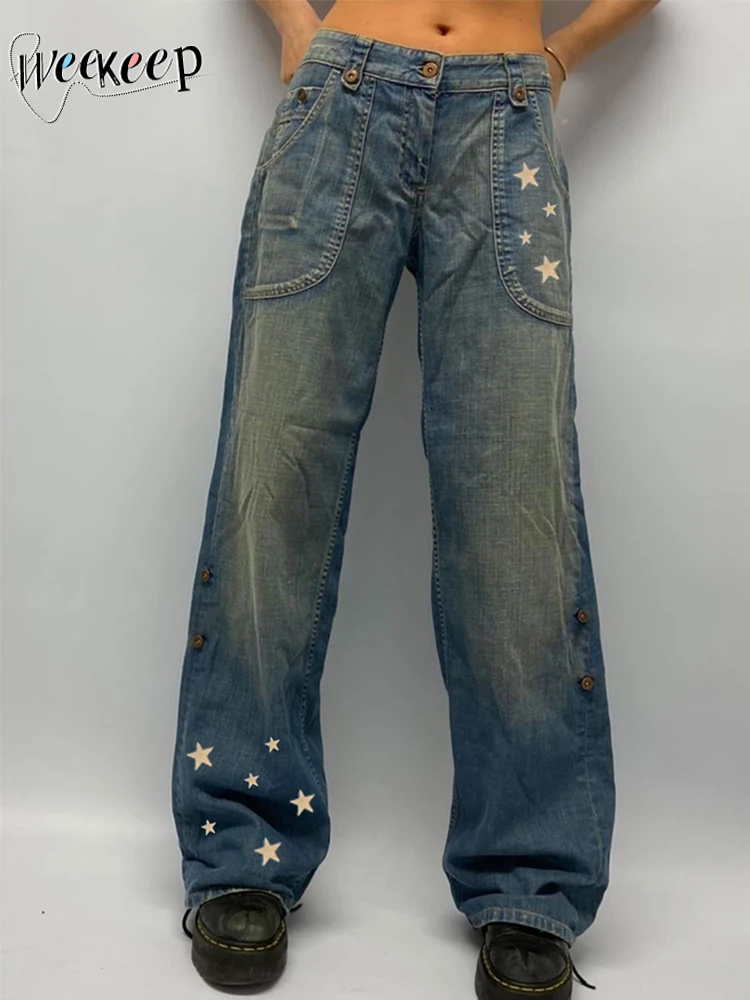 

Weekeep Vintage Star Jeans Baggy Low Rise Print Denim Mom Jeans y2k Grunge 2000s Wide Leg Cargo Pants Streetwear Trousers Women
