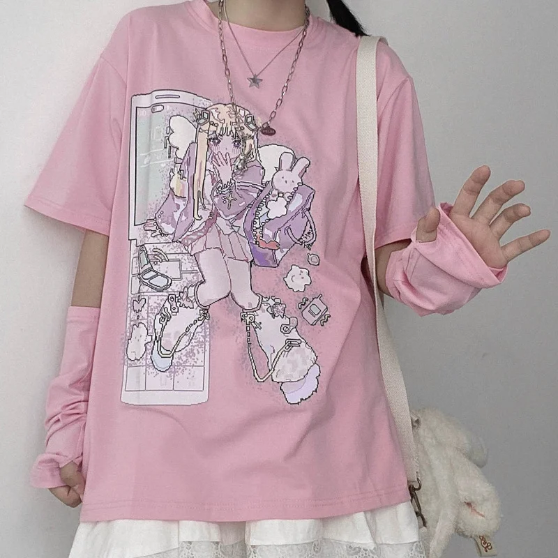 

MINGLIUSILI Kawaii T Shirt Women Summer 2022 Fashion Cartoon Print Tee Shirt Femme Short Sleeve Cute Oversize Casual Tops