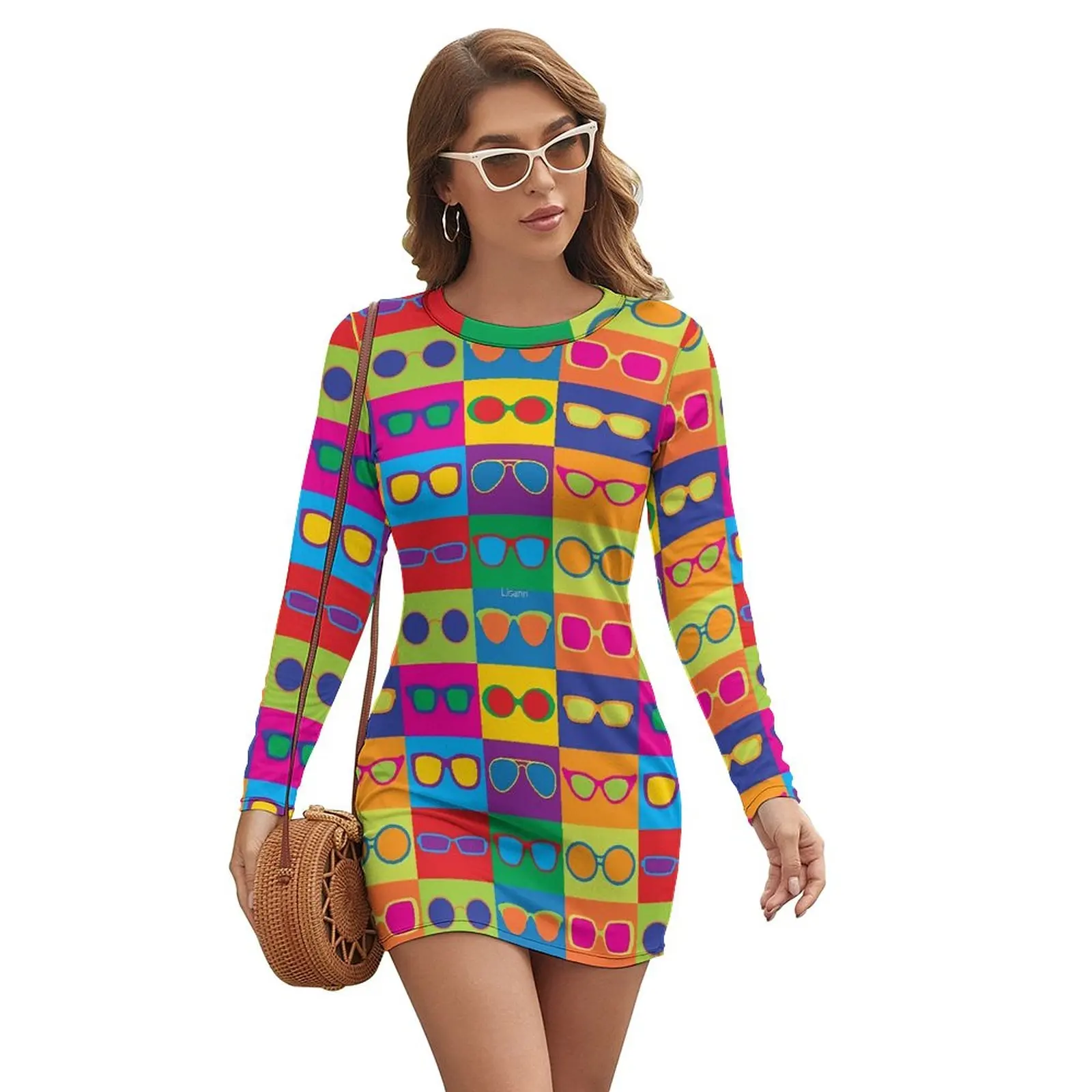 

Glasses Bodycon Dress Female Pop Art Eyeglasses Night Club Dresses Spring Long Sleeve Aesthetic Graphic Dress Large Size