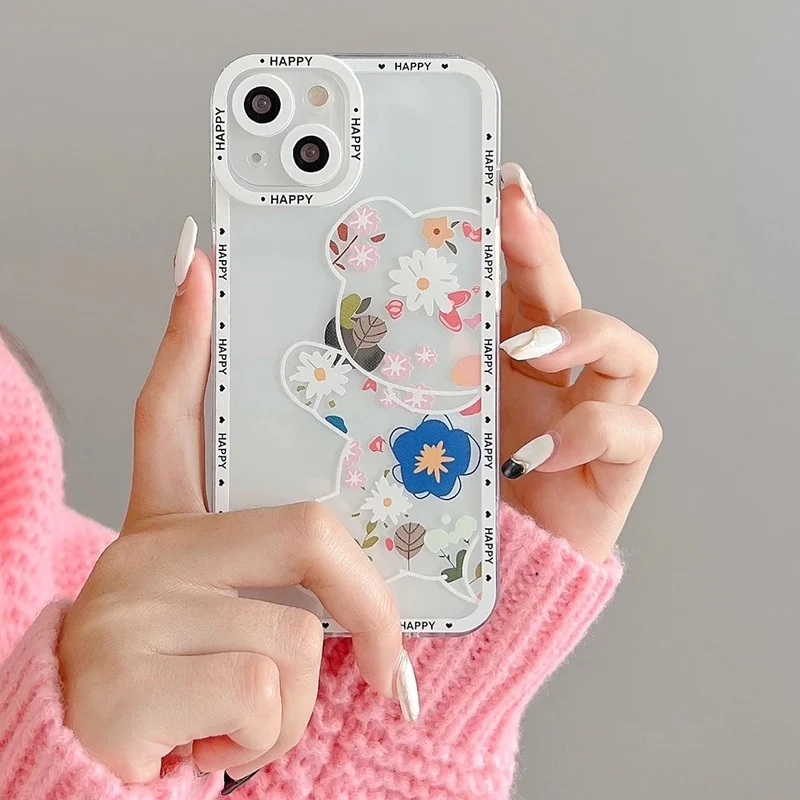 

Spring INS Cute Bear Flower Phone Case For iPhone 11 12 13 Pro Max X XR XS Max 7 8 Plus Camera Protection Clear Soft Back Cover