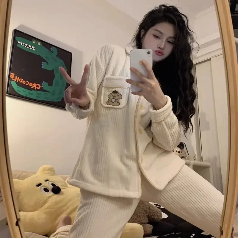 

New Kawaii Anime Pompompurin Plush Pajamas Autumn Winter Nightgown Cute Ins Household Coral Fleece Clothes Suit Birthday Gift