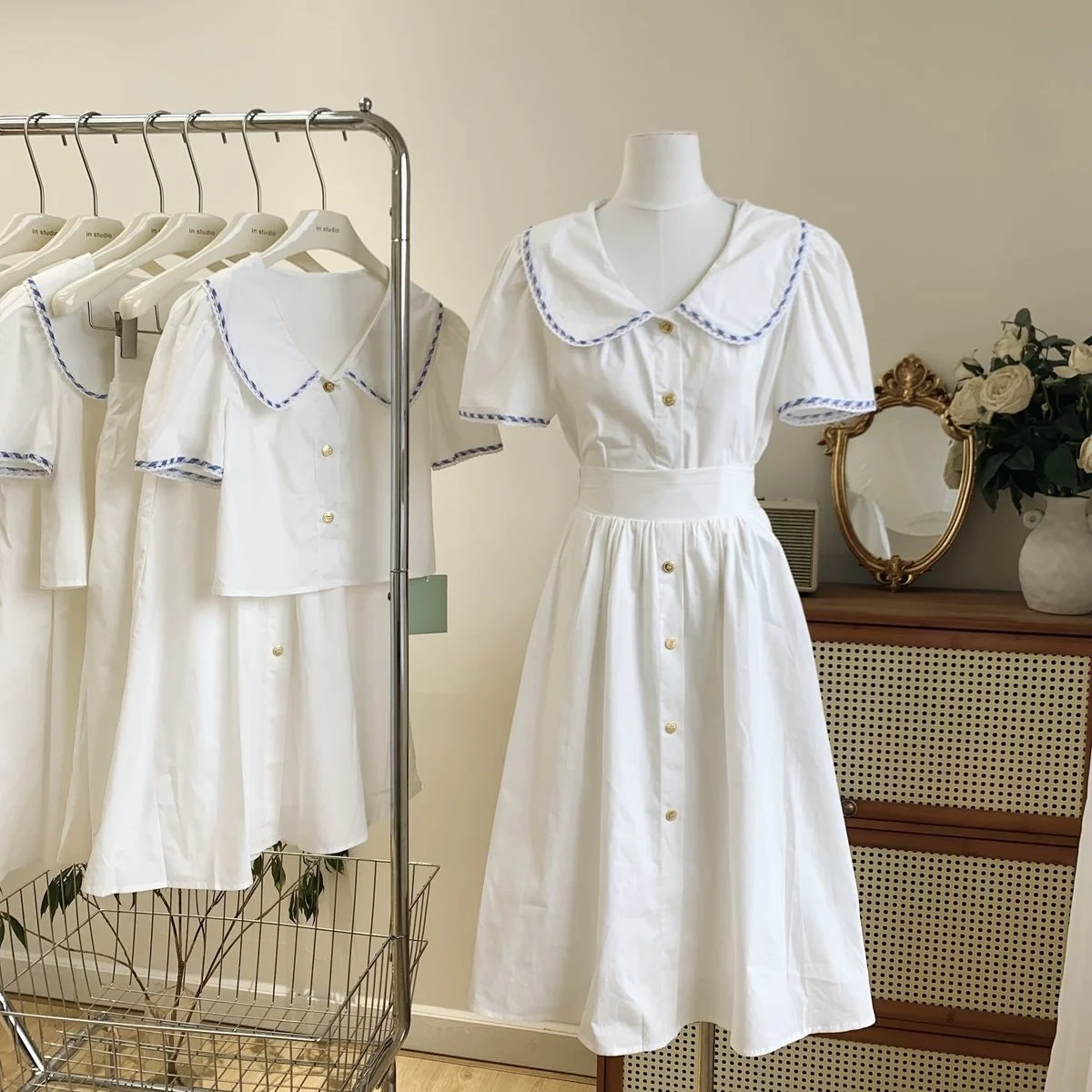 

Short White Shirt Short Sleeve Top Women's Thin A-line Skirt High Waist Skirt Beige Women Two Piece Set