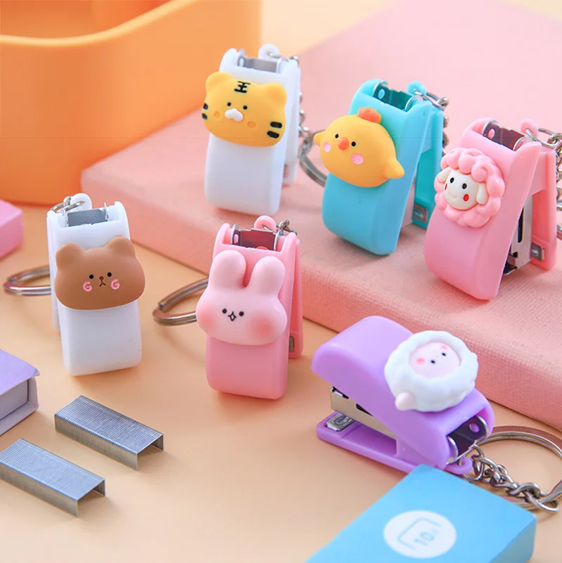 

Mini Stapler Key Chain Cute Cartoon Animal Keychains Pendant Color Japanese Portable Office Document Binding Staples Key Pendant
