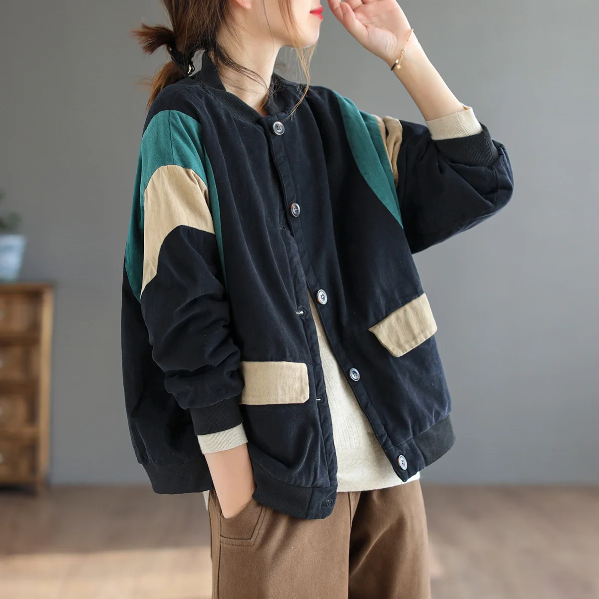 Retro twill brushed winter new  women's color-blocking wide padded jacket  clothing  coat women  Cotton  Solid  Winter