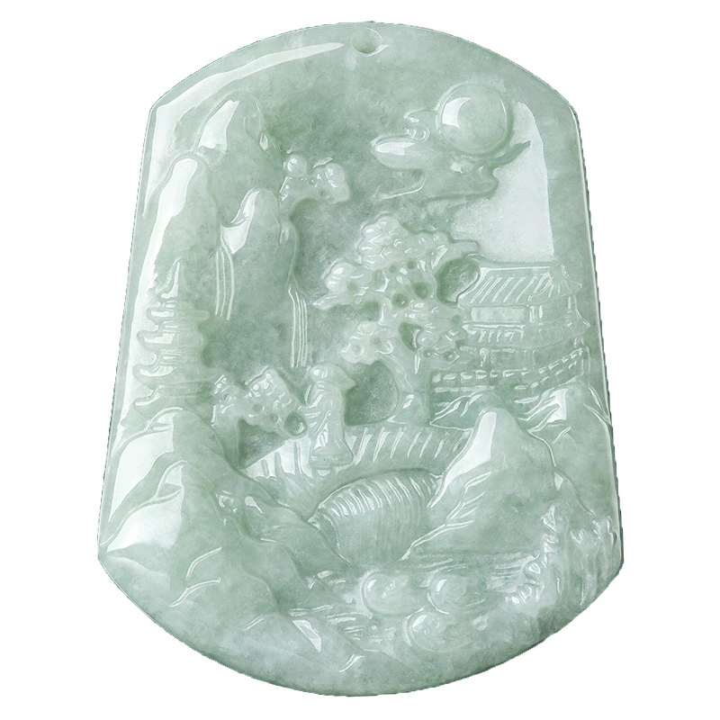 Nature A Grade Myanmar Emerald Amulet Jade landscape Moon Pendant Wealth Hanging Drop Lucky Talisman