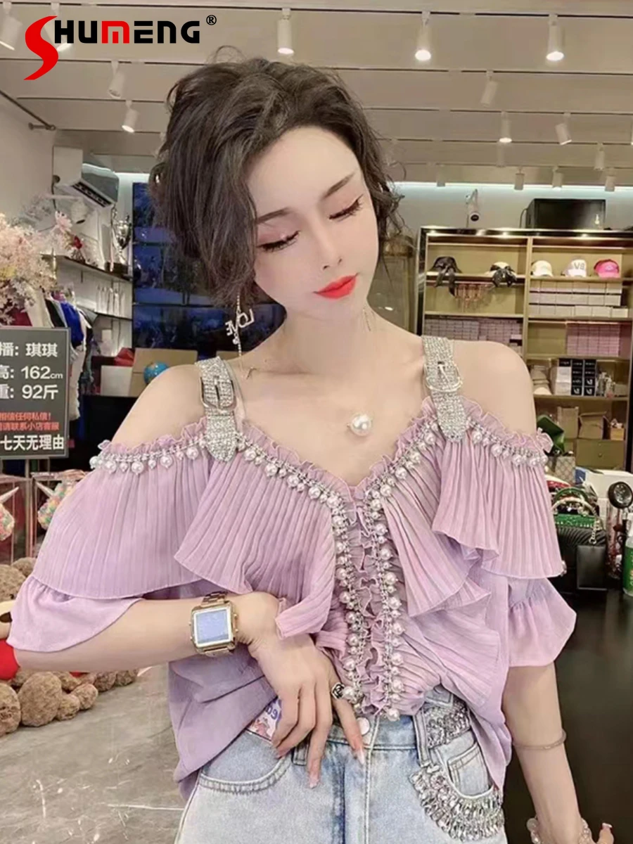 

Women's 2022 Summer New Korean Sweet Beads Blouses Ladies Fashion Fairy Rhinestone Spaghetti-Strap Ruffle Off-the-Shoulder Top