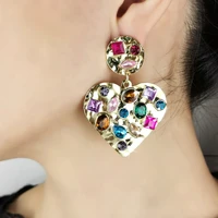 korean fashion colorful crystal drop earrings for women gold color metal heart dangle earring big jewelry geometric design uken