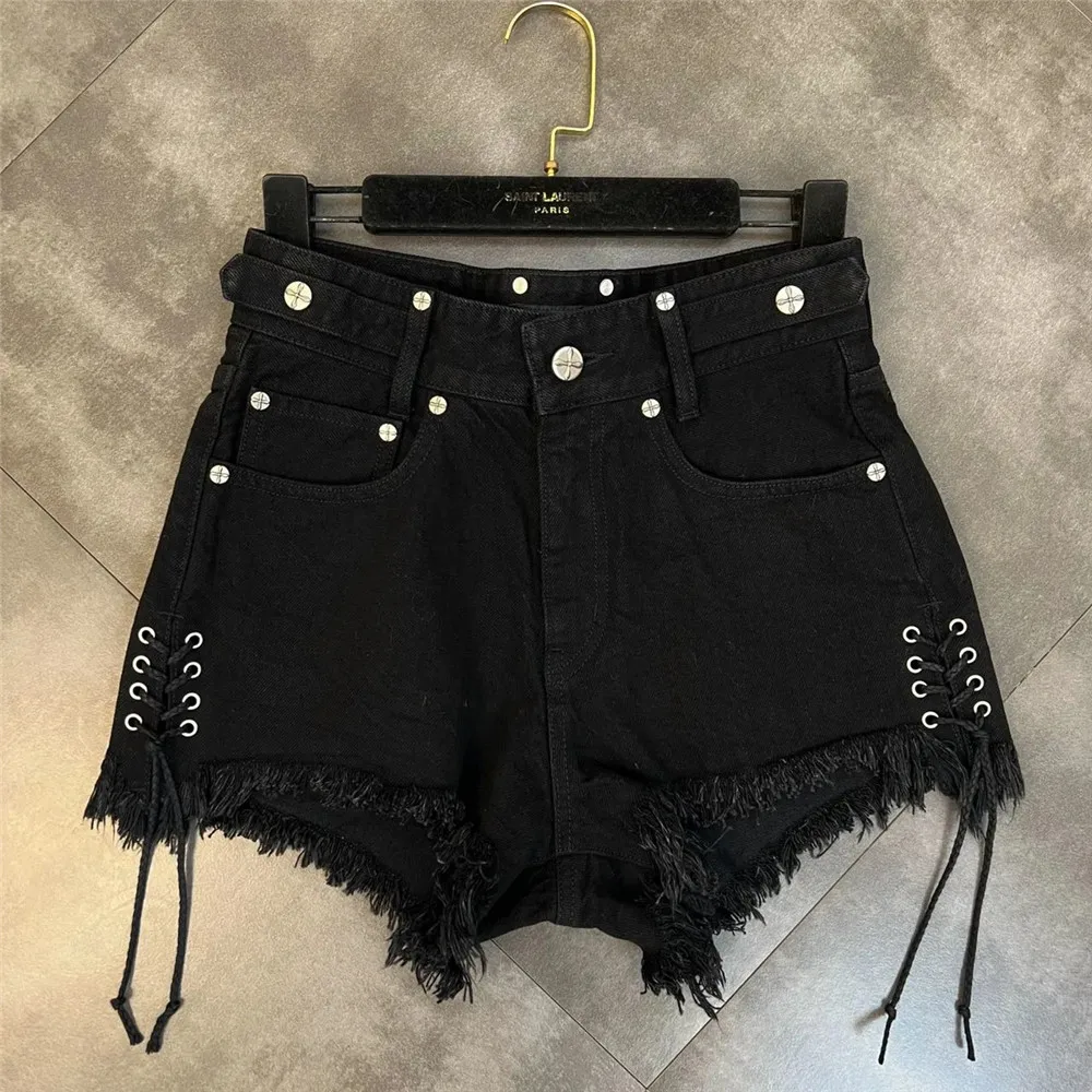 Sweet Cool Dark Gothic Hip Hop Streetwear Female Black Personality Summer Bandage Tassel Trend Jeans Raw Fringe Denim Shorts