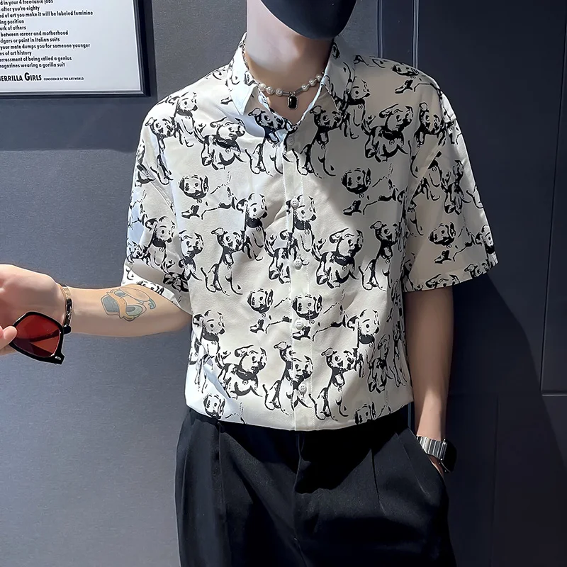 Fun Cartoon Print Shirt Men 2022 Summer Short Sleeve Slim Casual Shirt Loose Streetwear Oversized Tops Social Party Men Clothing