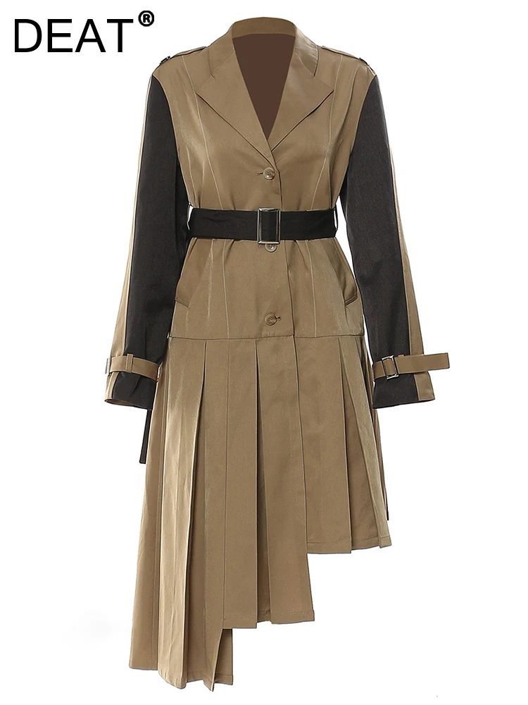 

DEAT Fashion Women's Trench Coat Notched Collar Spliced Panelled Irregular Belt Waist Khaki Windbreaker Autumn 2023 New 17A4828