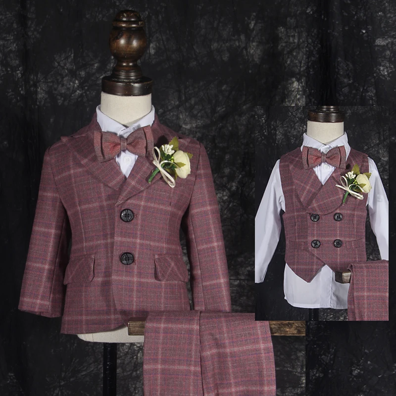 

Child Foraml Plaid Wedding Dress Set Autumn Winter Baby Boys Birthday Party Performance Clothes Kids Blazer Vest Pants Bowtie