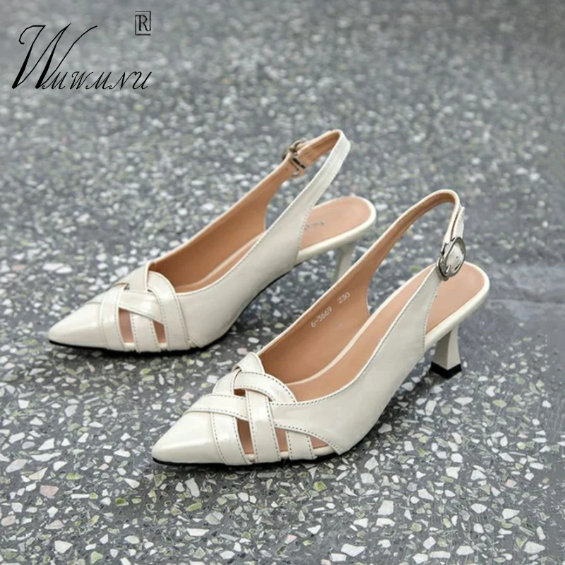 

Elegant Hollow Open-Toes Non-Slip Office Shoes PU Leather Pointed Buckle Strap Women Sandals Fashion New Slingbacks High Heels