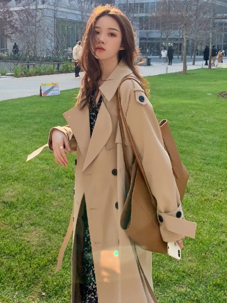

Spring Autumn Double-row Button Lapels Loose Fashion Solid Color Coat Jacket New In Outwears Long Overcoat Trench Coats Tops