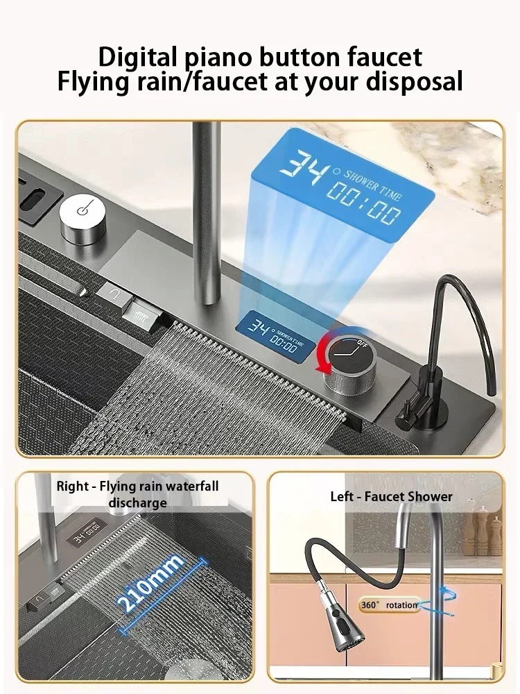 Кухонная мойка с цифровым дисплеем и водопадом большая нано-раковина одним