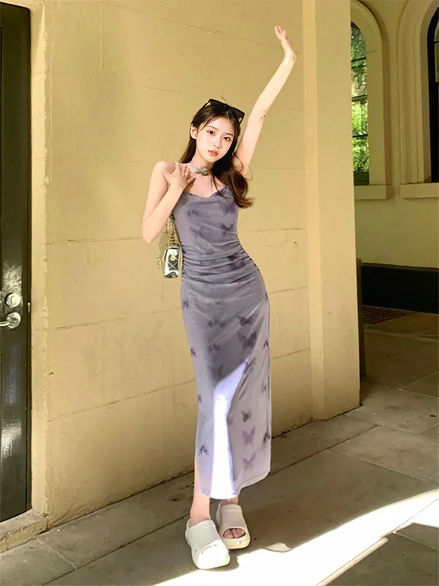 Фиолетовое платье на бретельках для всего тела осеннее новое короткое дизайн