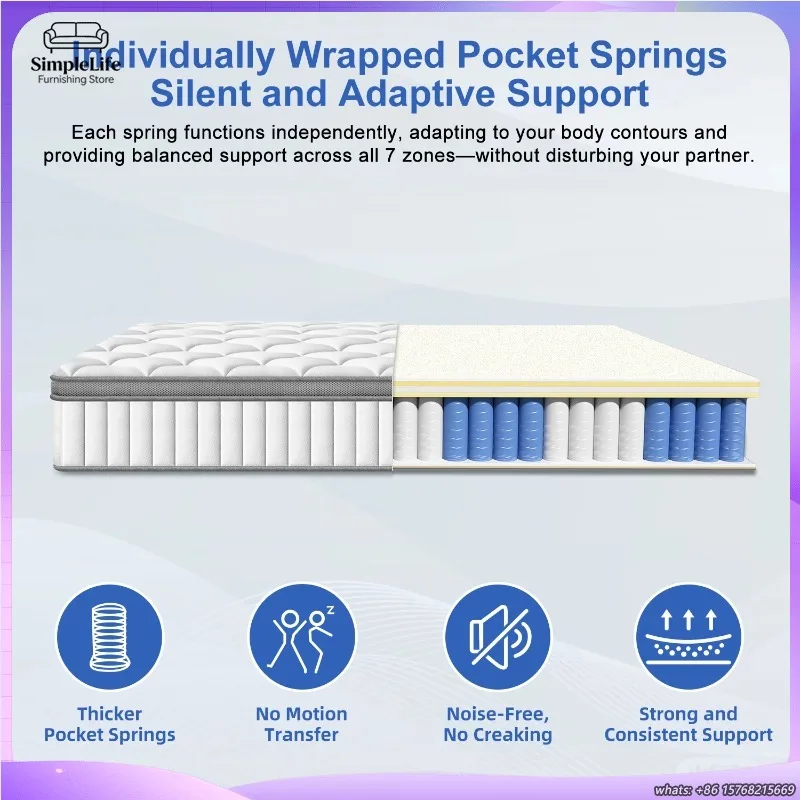 Фото Матрас с пружинами Pocket Spring 140x200 см, 7 зон поддержки, средней жесткости, дышащий, комфортный, устойчивый, комплект для спальни №4