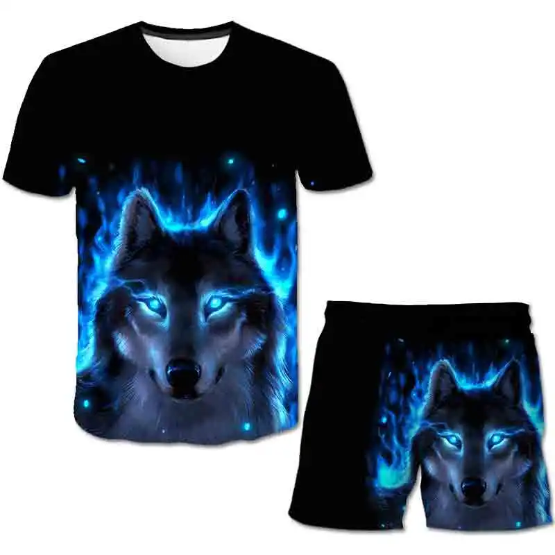 

3D Children's Clothing, Wolf And Beast T-Shirt Set, Summer T-Shirt, Fashion Shorts, Cartoon Printing Set For Children Aged 3-14
