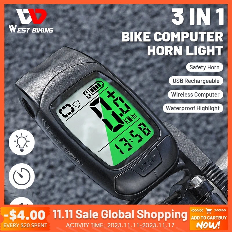 

3 In 1 Bike Computer with LED USB Rechargeable Bike Light Waterproof Bicycle Horn Speedometer Bicycle Lamp for MTB Road Bike