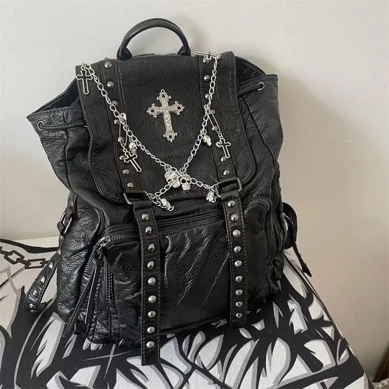 MBTI Goth Y2k Backpacks for Women Black Punk Rivet Chain School Students Bag Pu Leather Cross Skeleton Fashion Female Backpacks