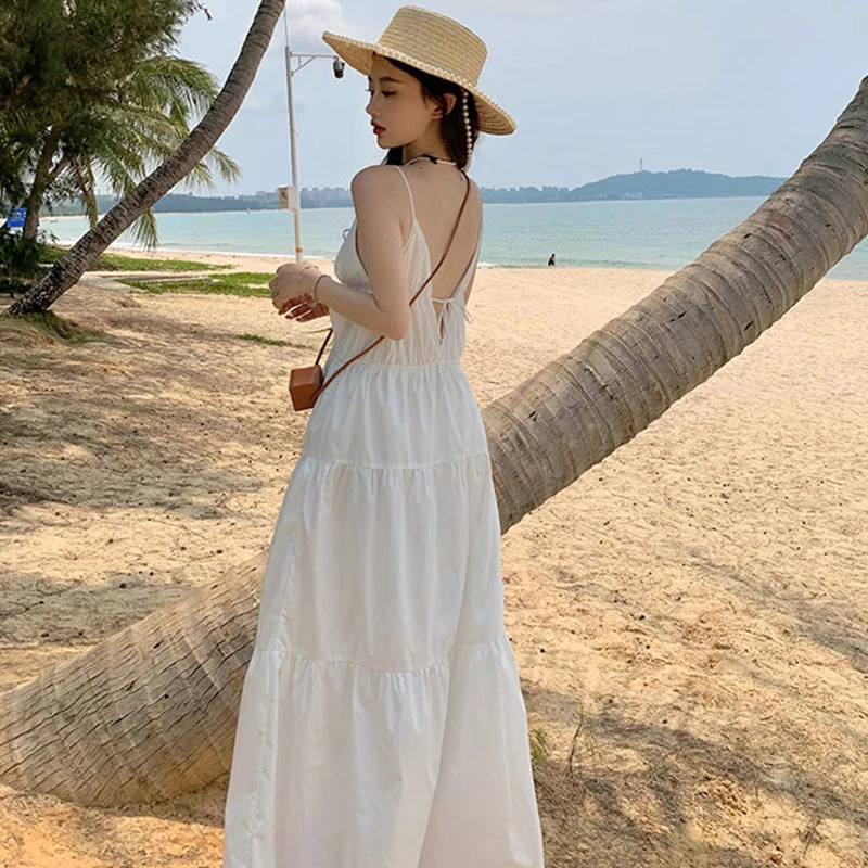 

New In Deep V Strapless Maxi Summer Beach Dresses 2023 Elegant Chic Solid Women's Vacation Sexy Long Sundress Runway Vestidos