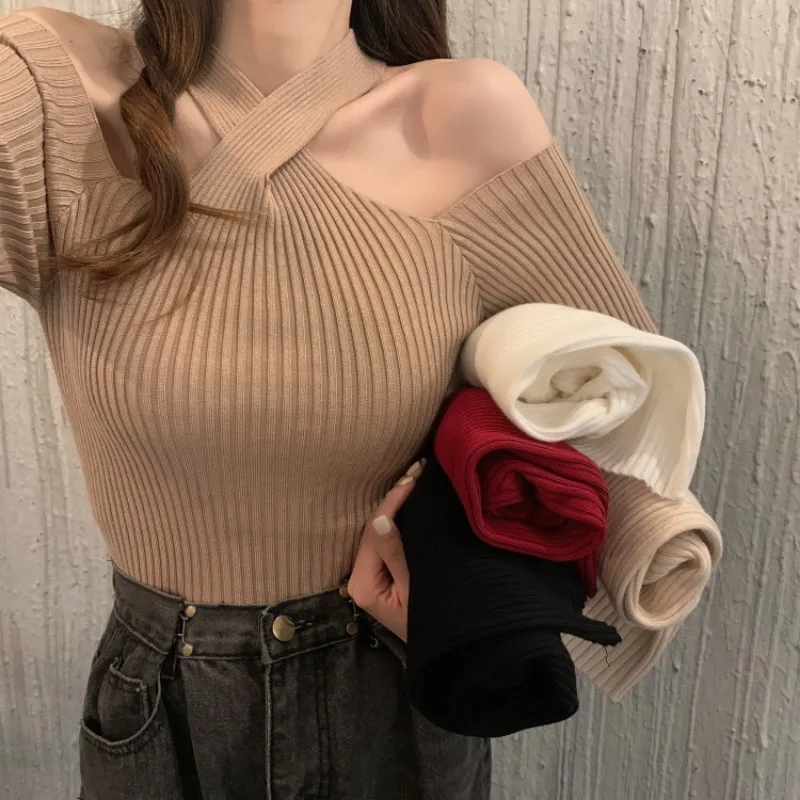 

Halter Neck Sweater Women Autumn Korean Fashion Criss-Cross Sexy Off Shoulder Long Sleeve Knitted Bottoming Tops Pullovers 28634