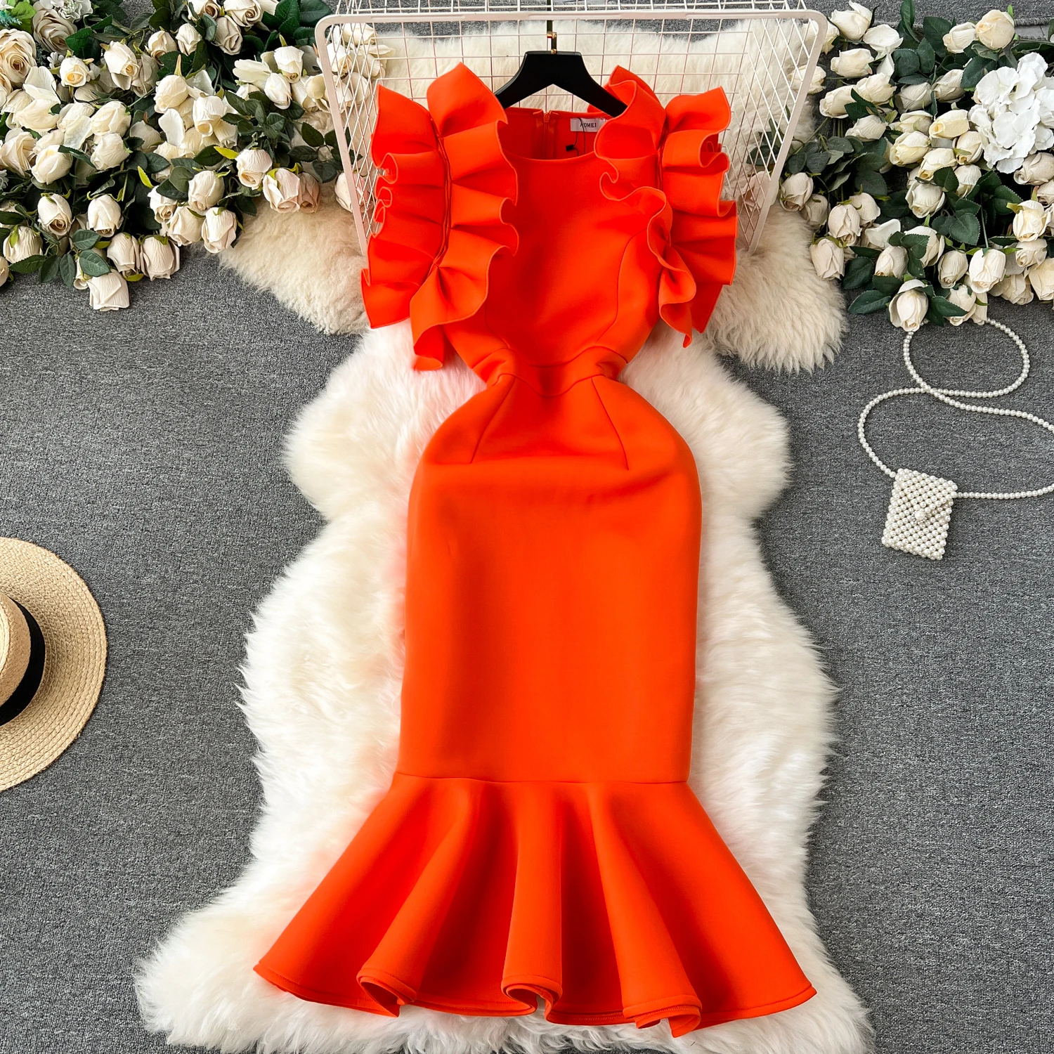 

Clothland Women Sexy Orange Mermaid Dress Ruffles O Neck Trumpet Zipper Party Event Holiday Midi Dresses Vestidos QD214