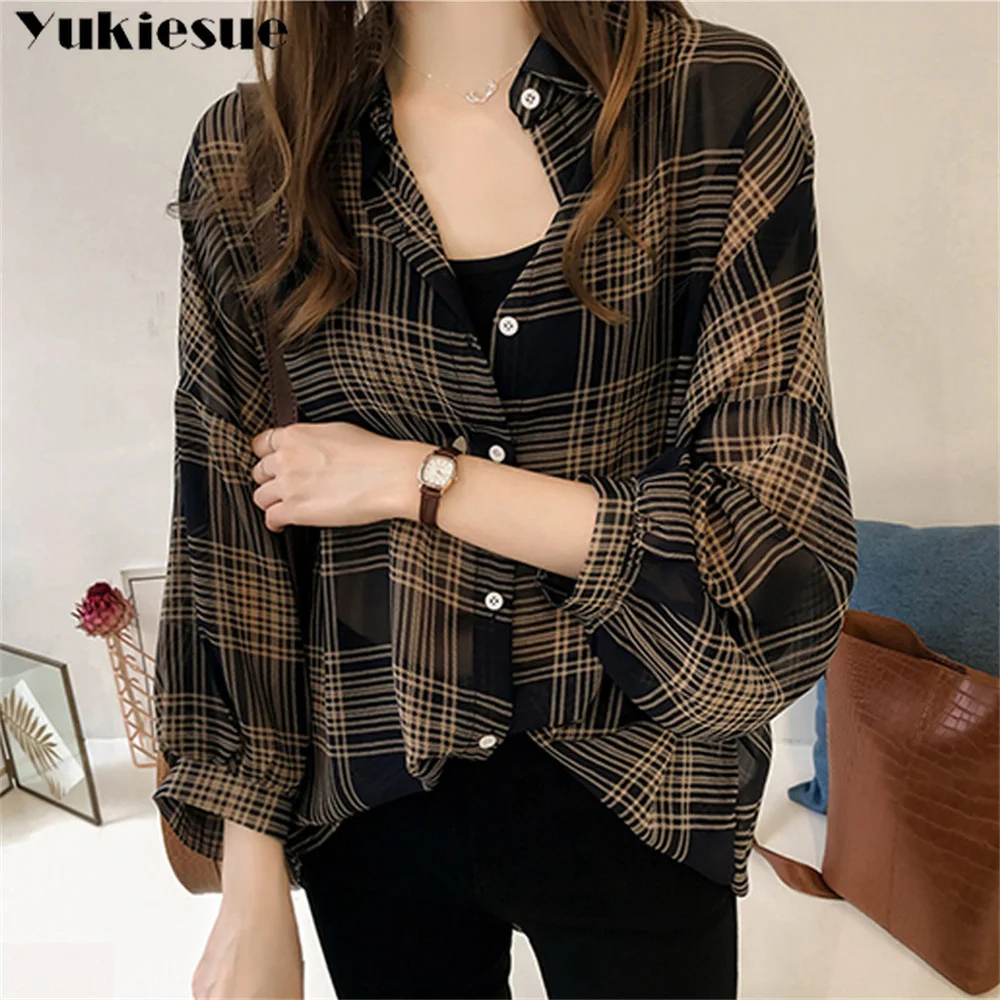 Elegant Women's Summer Blouses Fashion New Casual Plaid Chiffon Woman Tops Women Shirt Blouse Blusas Blusa Feminina Top Female