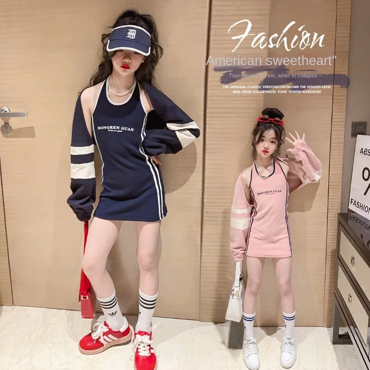 

Новинка Весна 2023, комплект для девочек, американский Топ с воротником, из двух предметов, корейское изящное платье на бретелях