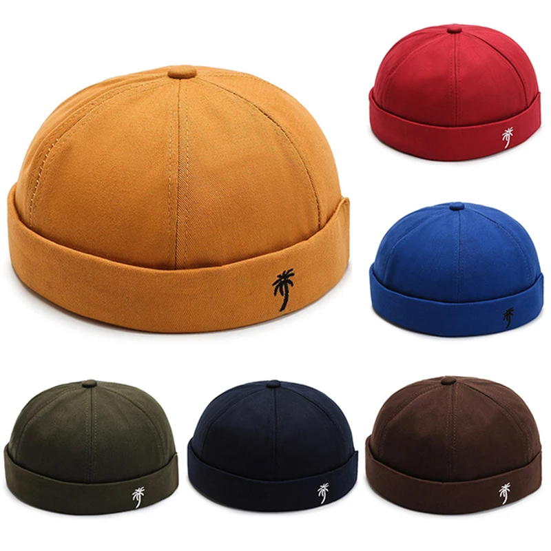 

Vintage Summer Cotton Brimless Skullies Caps Men's Solid Color Street Portable Docker Hats Melon Skin Cap Beanie Hat Hip Hop Hat
