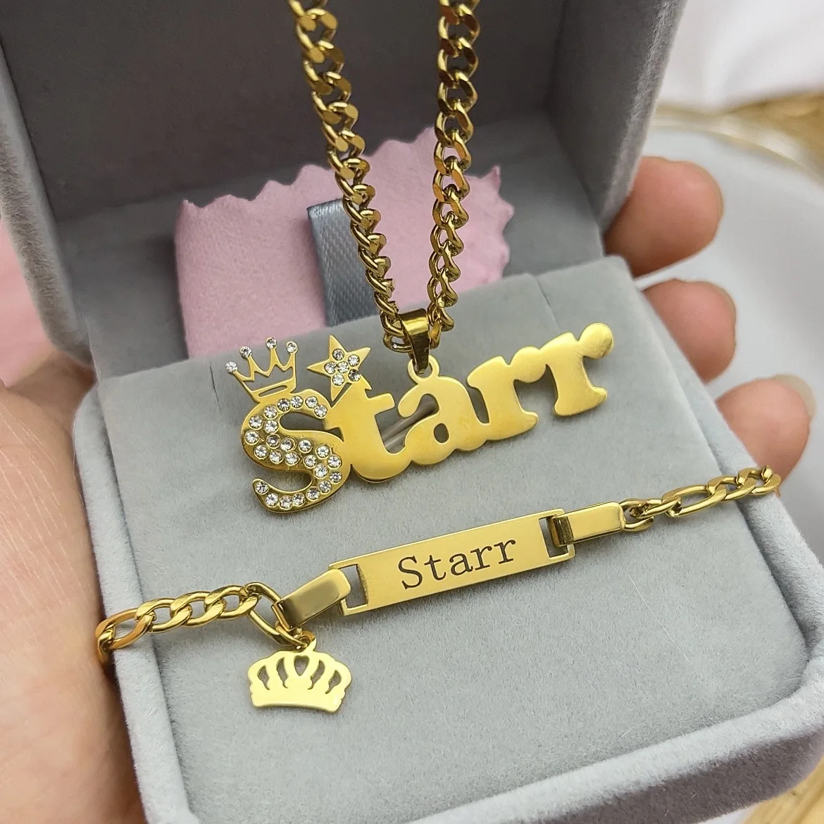 Custom Diy Name 2 Pcs Baby Necklace And Bracelet Sets For Kids Cute Zircon Crown New Born Child Jewelry Gifts