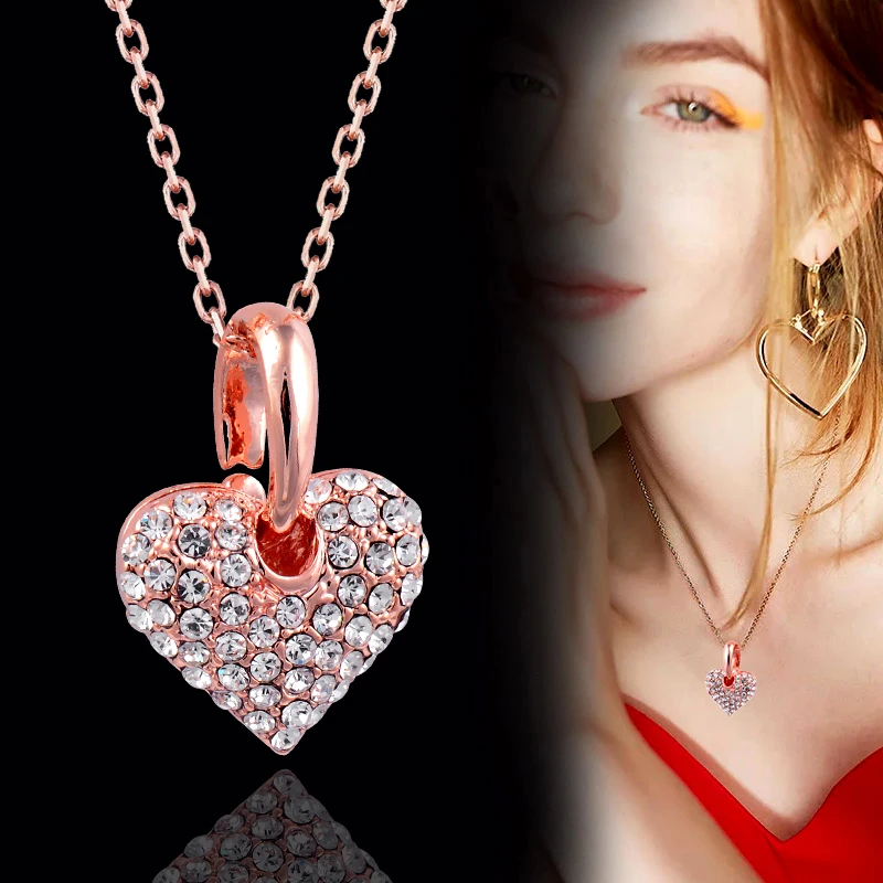 

SINLEERY Romantic Heart To Heart Pendants and necklaces Rose Gold Color Crystal Necklace For Women wedding accessories ZD1 SSP