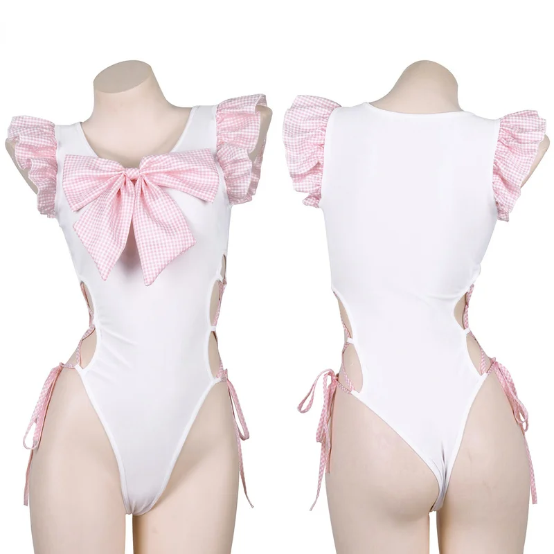 

Женское розовое студенческое клетчатое пикантное Нижнее Белье Лолита, боди с оборками, ажурные костюмы, милый купальник с бантом, кавайная ...
