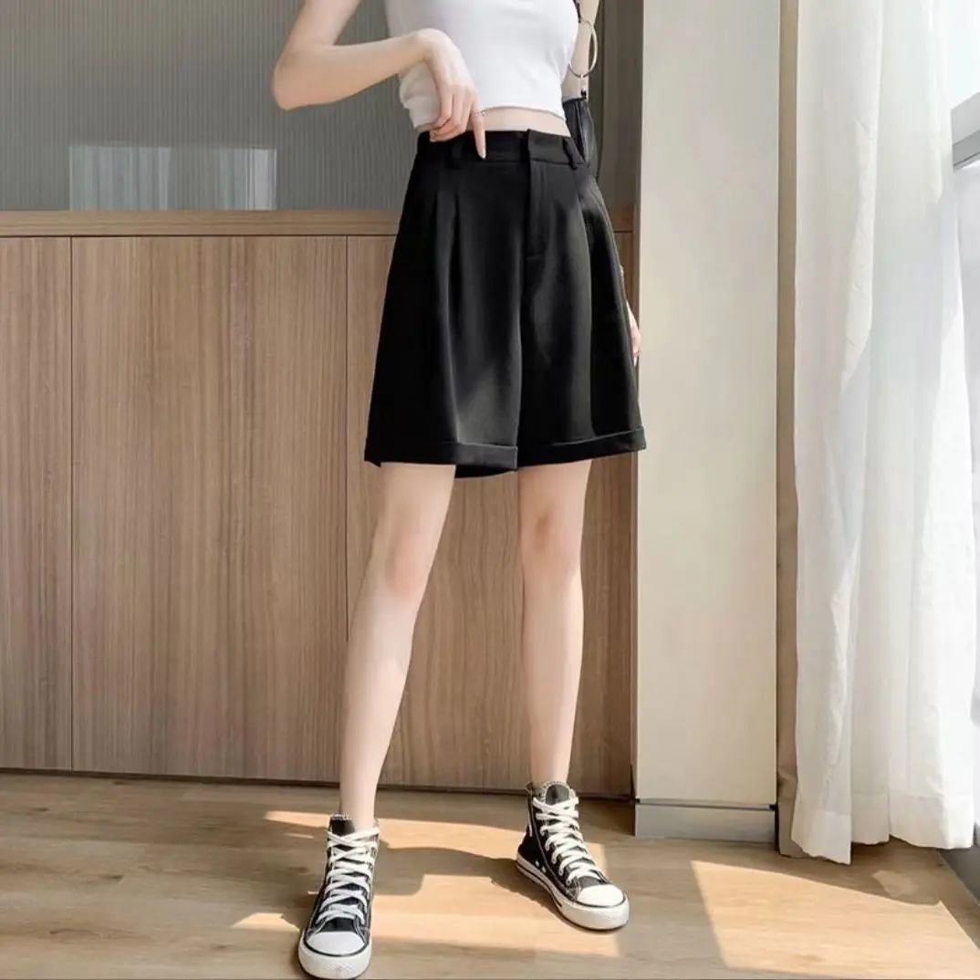 2023 Summer Causal Shorts for Women Korean High Elastic Waist Suits Loose Shorts with Pockets Zipper Short Shorts Female W32
