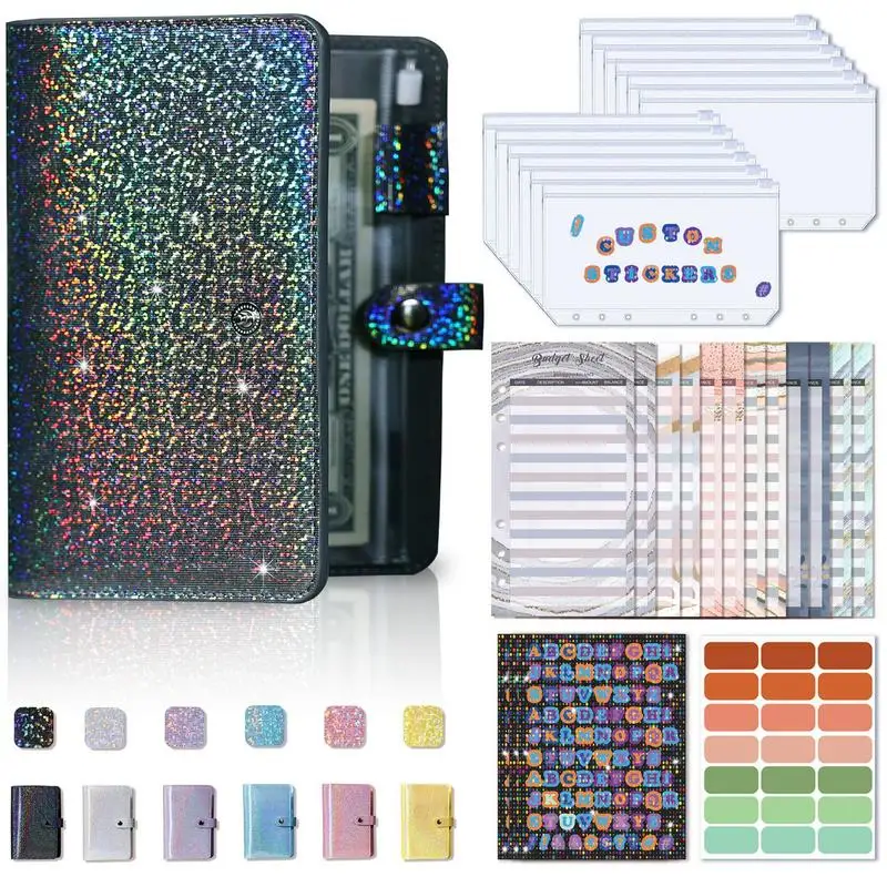 

Glitter Waterproof PVC Binder Budget Envelope Planner Organizer With Zipper Pockets Expense Budget Sheets