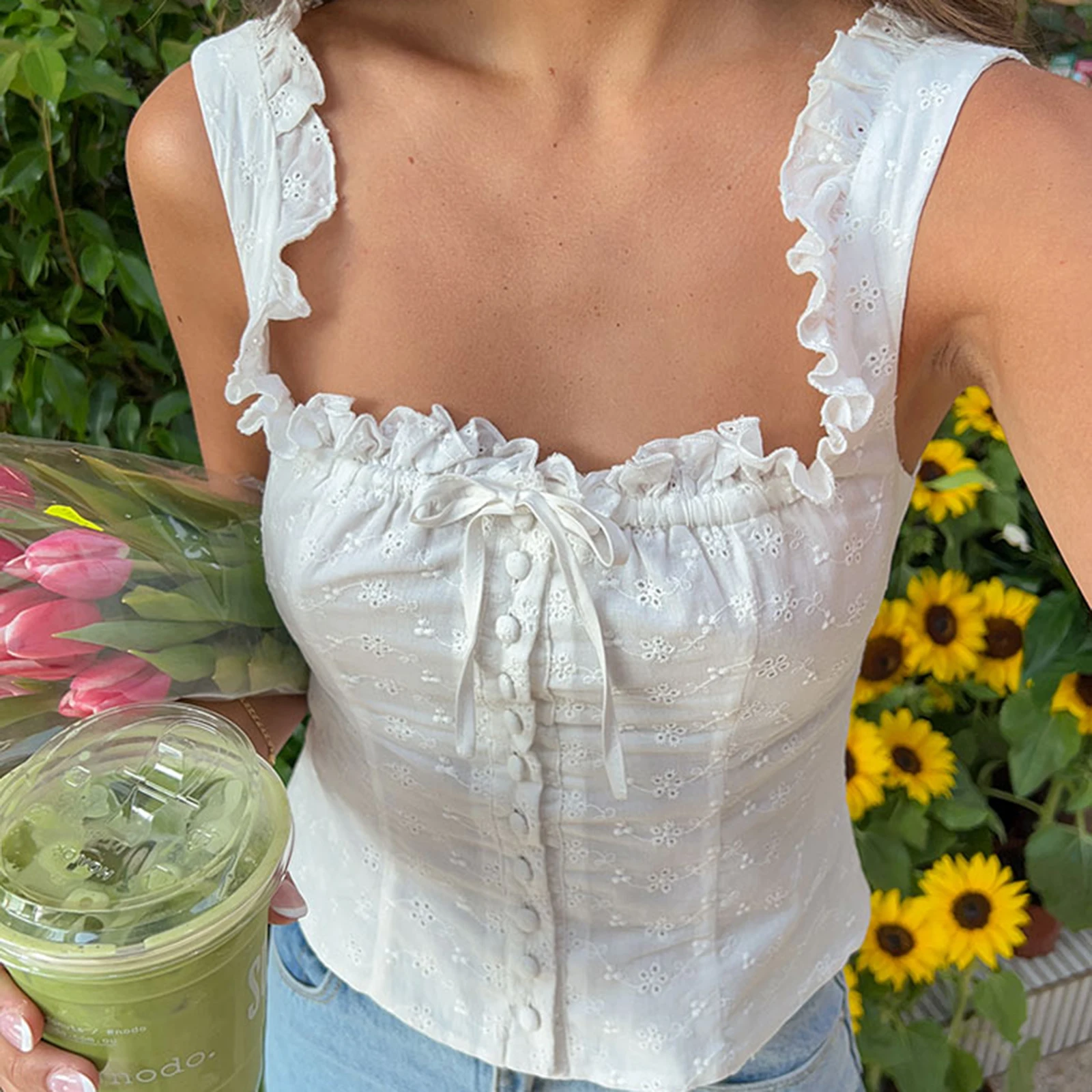 Женские майки с оборками вышивкой без рукавов открытой спиной