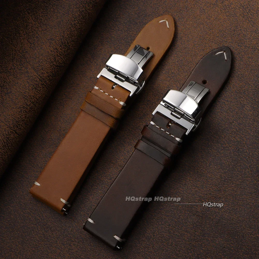 Фото Ремешок из воловьей кожи с вышивкой для Seiko 18 мм, 19 мм, 20 мм, 21 мм, 22 мм, 24 мм, винтажный кожаный ремешок для часов, браслет с пряжкой-бабочкой №2