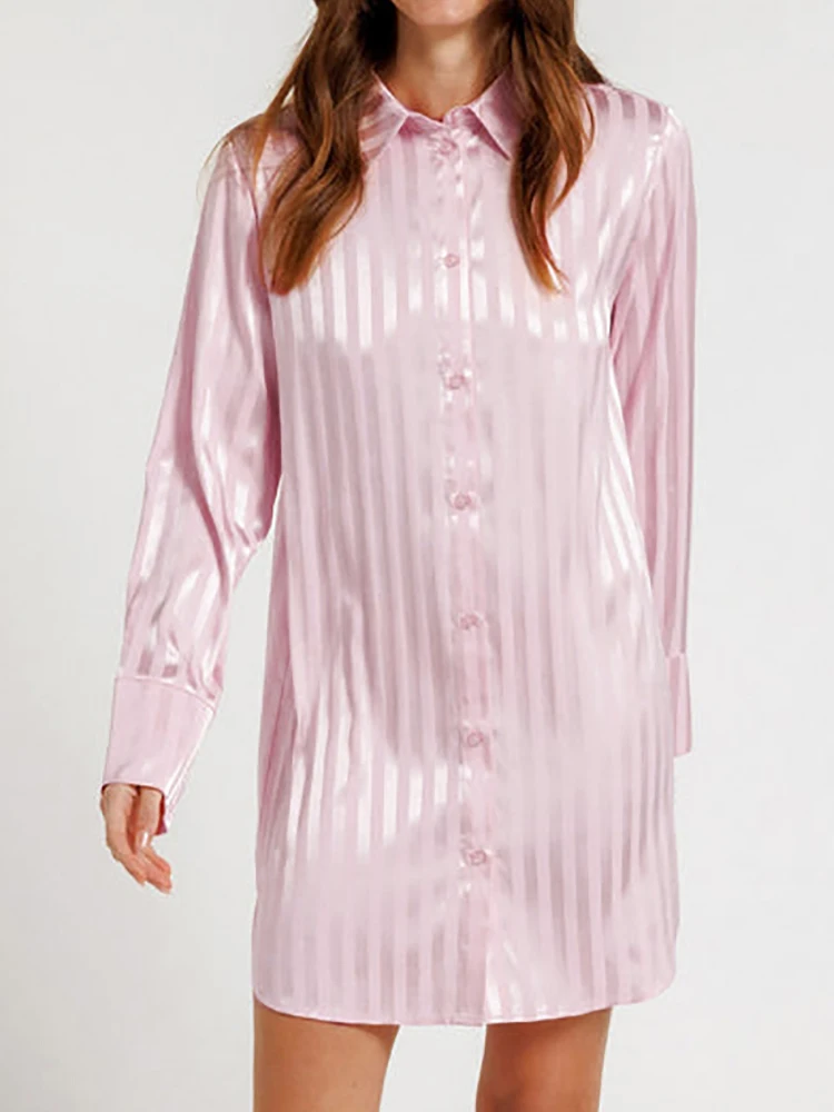 

Linad Pink Stripe Pajamas For Women Loose Long Sleeve Turn Down Collar Sleepwear Female Casual 2023 Autumn Fashion Homewear