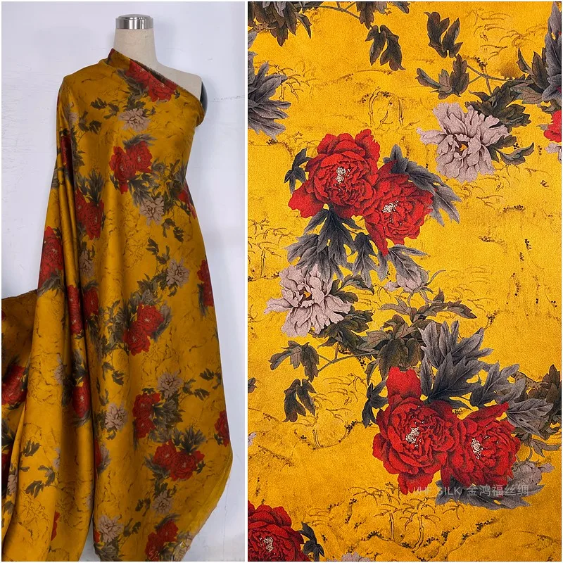

Китайский тяжелый Шелковый Чонсам 52 мм с цветами, ткань, марлевая ткань, желтый, красный пион